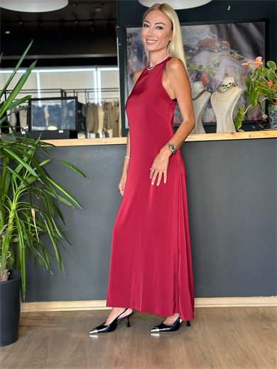 Bordo Saten Maxi Elbise