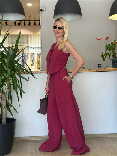 Çapraz Yelek Bordo Takım