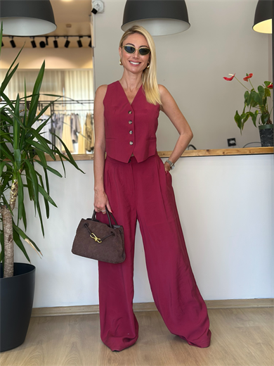 Çapraz Yelek Bordo Takım