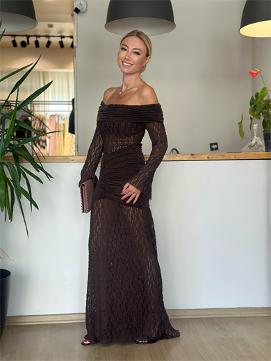 Dantel Madonna Yaka Kahve Elbise