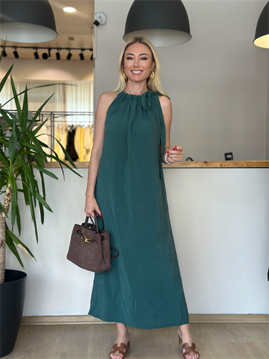 Datça Boyundan Bağlamalı Haki Elbise