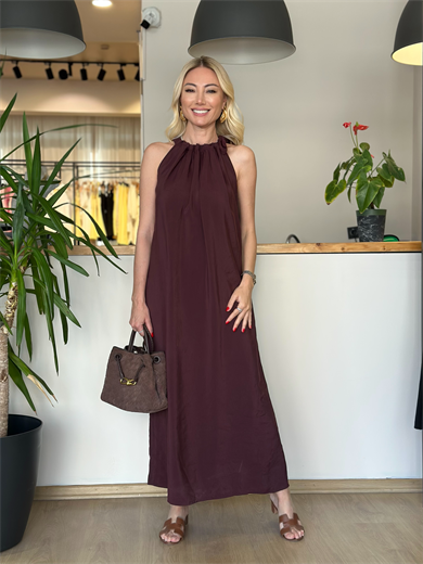 Datça Omuzdan Bağlamalı Bordo Elbise
