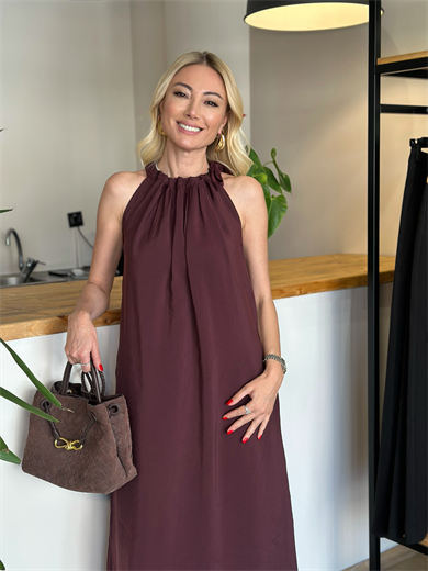Datça Omuzdan Bağlamalı Bordo Elbise