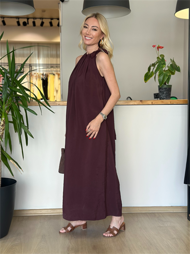 Datça Omuzdan Bağlamalı Bordo Elbise