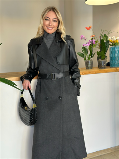 Deri Detay Kuşaklı Siyah Kaban Askı258