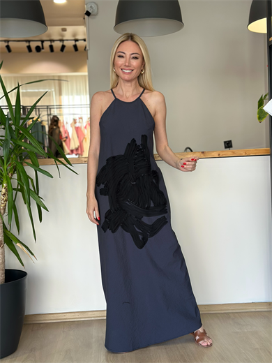 Desenli Gri Askılı Elbise