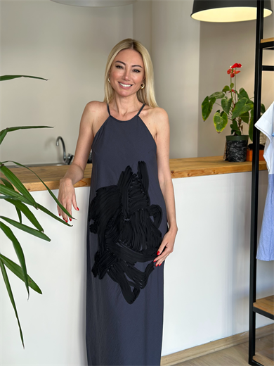 Desenli Gri Askılı Elbise