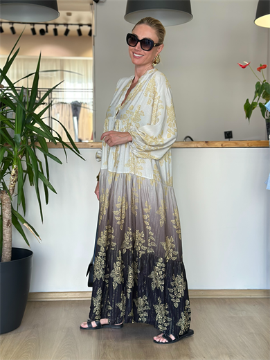 Dubai Sarı Siyah Geçişli Elbise