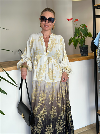 Dubai Sarı Siyah Geçişli Elbise