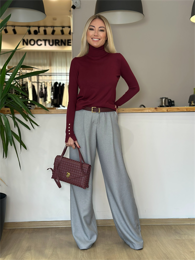 Düğme Detaylı Balıkçı Yaka Bordo Triko Askı00383