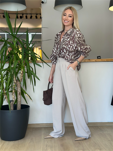 Ekru Pileli Palazzo Pantolon