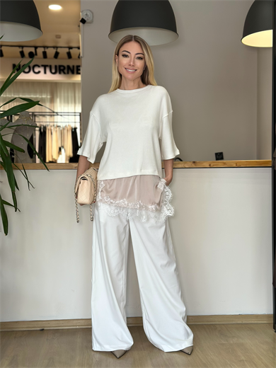 Ekru Pudra Saten Dantelli Bluz Askı00137