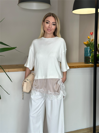 Ekru Pudra Saten Dantelli Bluz Askı00137