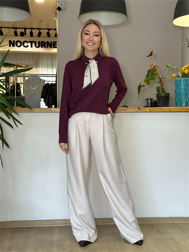 Fular Detaylı Mürdüm Triko Askı00365