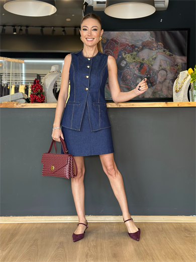 Gold Düğme Detaylı Denim Yelek