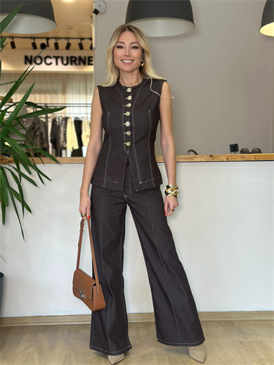 Kahve Denim Gold Detaylı Yelek Askı0024