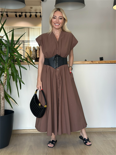Kemerli Kahve Gömlek Elbise