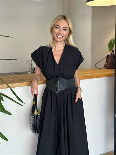 Kemerli Siyah Gömlek Elbise