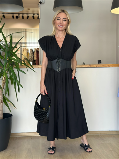 Kemerli Siyah Gömlek Elbise