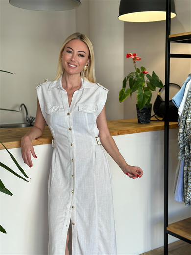 Keten Gold Detaylı Elbise