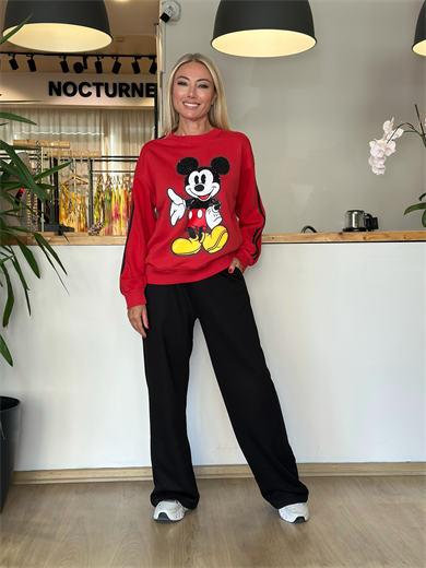 Kırmızı Siyah Şeritli Mickey Sweat Askı00295