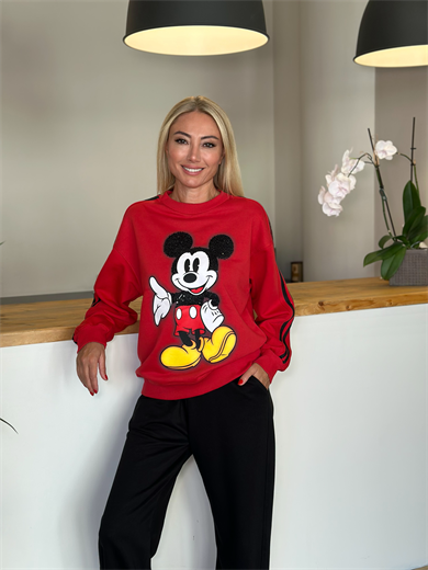Kırmızı Siyah Şeritli Mickey Sweat Askı00295