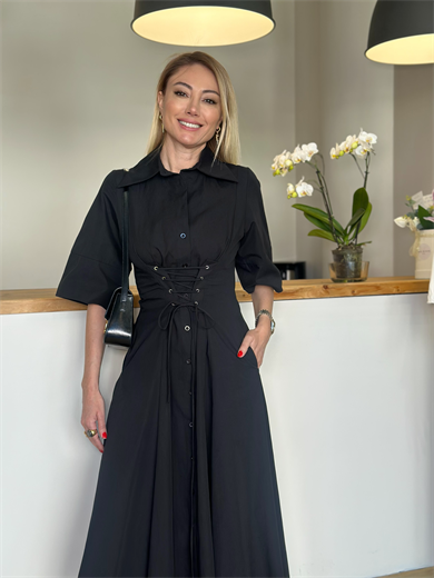 Korse Detaylı Siyah Midi Elbise Askı0086