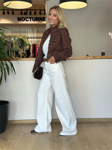 Krem Denim Örgü Detaylı Pantolon Askı00340