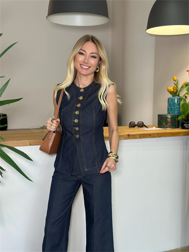 Lacivert Denim Gold Detaylı Yelek Askı0026