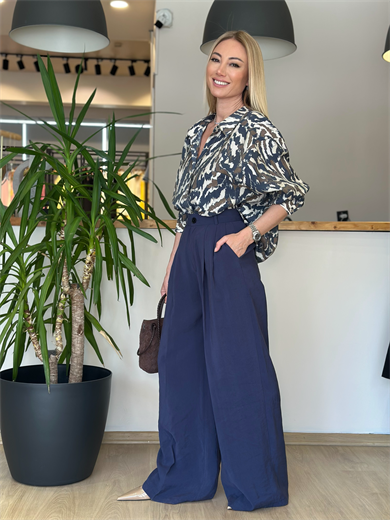 Lacivert Pileli Palazzo Pantolon