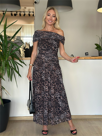 Leopar Degaje Yaka Elbise