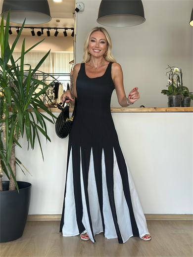 Massi Model Siyah Beyaz Keten Elbise Askı0036