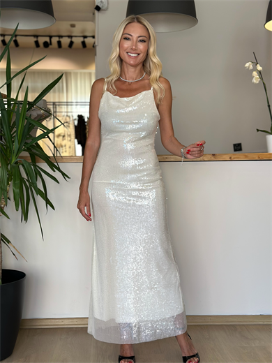 Payetli Beyaz Şık Elbise Askı0068