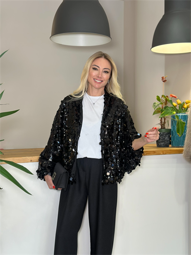  Yarasa Kol Payetli Siyah Modern Ceket Askı00352