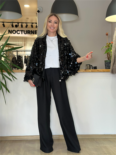  Yarasa Kol Payetli Siyah Modern Ceket Askı00352