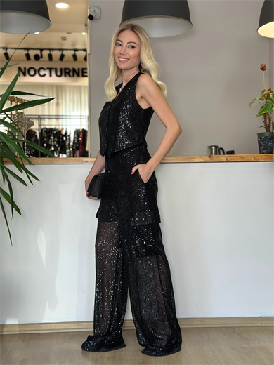 Payetli Siyah Modern Yelek Askı00345