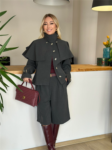 Pelerin Detaylı Antrasit Trençkot Askı0018