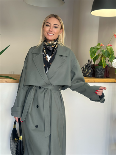 Pelerin Detaylı Kuşaklı Trençkot Askı0042