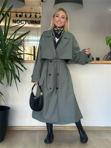 Pelerin Detaylı Kuşaklı Trençkot Askı0042