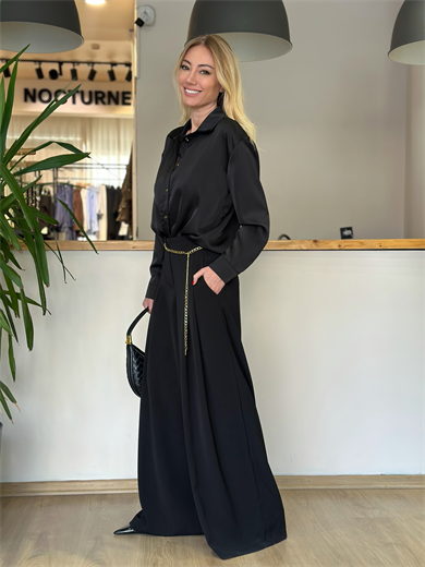 Pervazlı Çift Piline Siyah Pantolon 