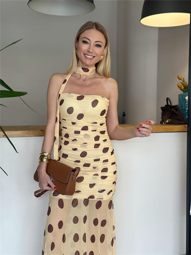 Puantiyeli Bağlama Detaylı Sarı Elbise Askı0063
