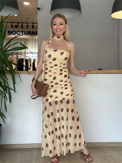 Puantiyeli Bağlama Detaylı Sarı Elbise Askı0063