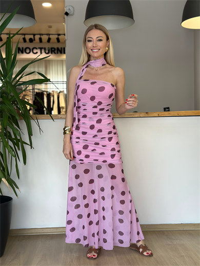 Puantiyeli Bağlamalı Detaylı Pembe Elbise Askı0064