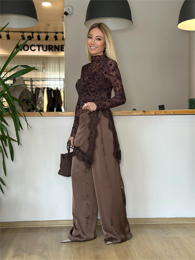 Şal Detaylı Kahve Saten Pantolon Askı0070