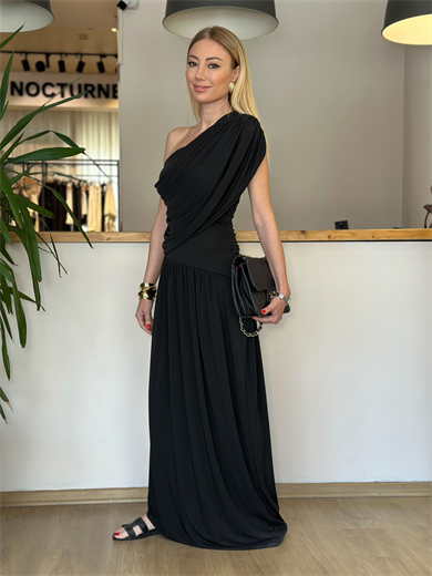Sandy Kumaş Drapeli Siyah Elbise Askı0050