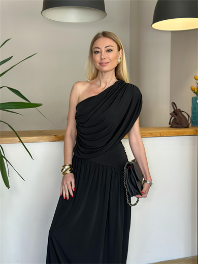 Sandy Kumaş Drapeli Siyah Elbise Askı0050