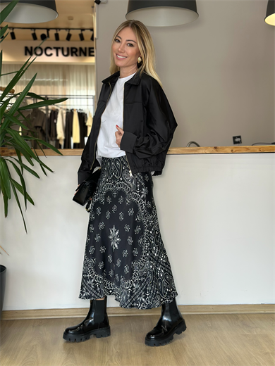 Saten Siyah Midi Desenli Etek Askı0043