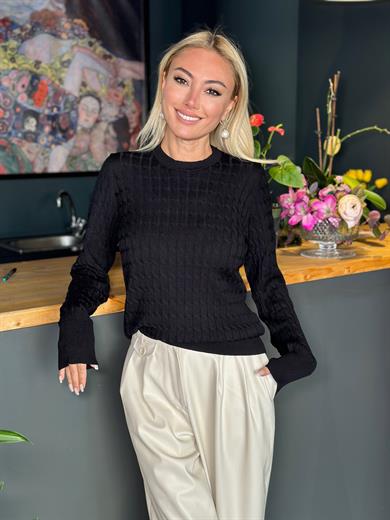 Siyah Bisiklet Yaka Saç Örgüsü Triko