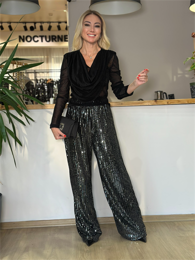 Siyah Geniş Payetli Pantolon Askı00355