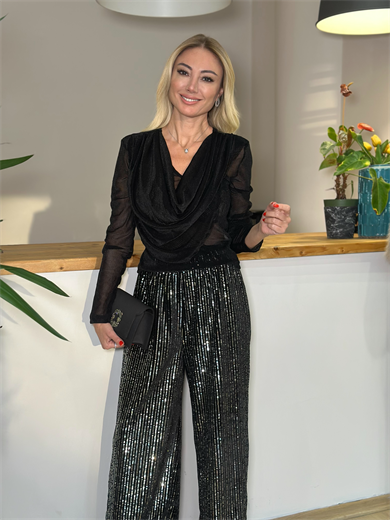 Siyah Geniş Payetli Pantolon Askı00355